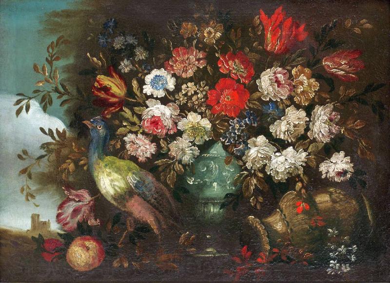 Andrea Boscoli Stilleben med blommor och pafagel Norge oil painting art